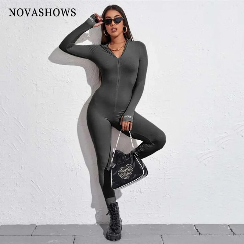 2022 Ribbed Sexy Spring Romper Bodycon Grey White Jumpsuits Women Playsuit Long Sleeve Ladies Short Lucky Label Jumpsuit Female |