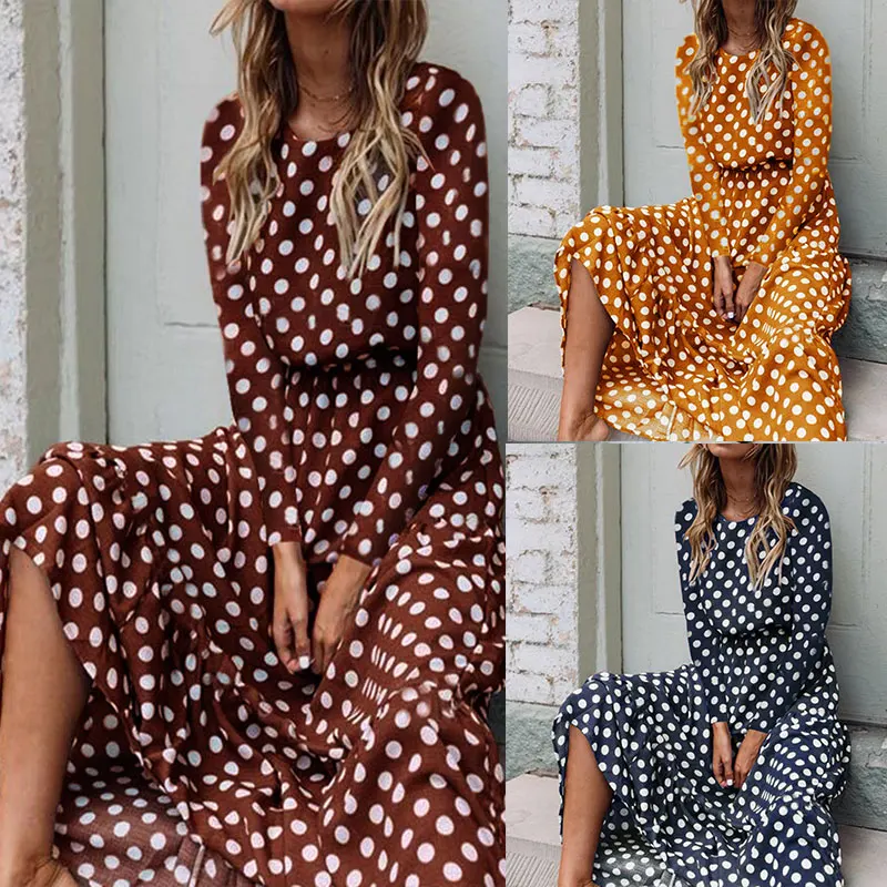 

Women Printed Polka Dot Dress Round Neck Long Sleeve Female Dress Summer Beach FDC99