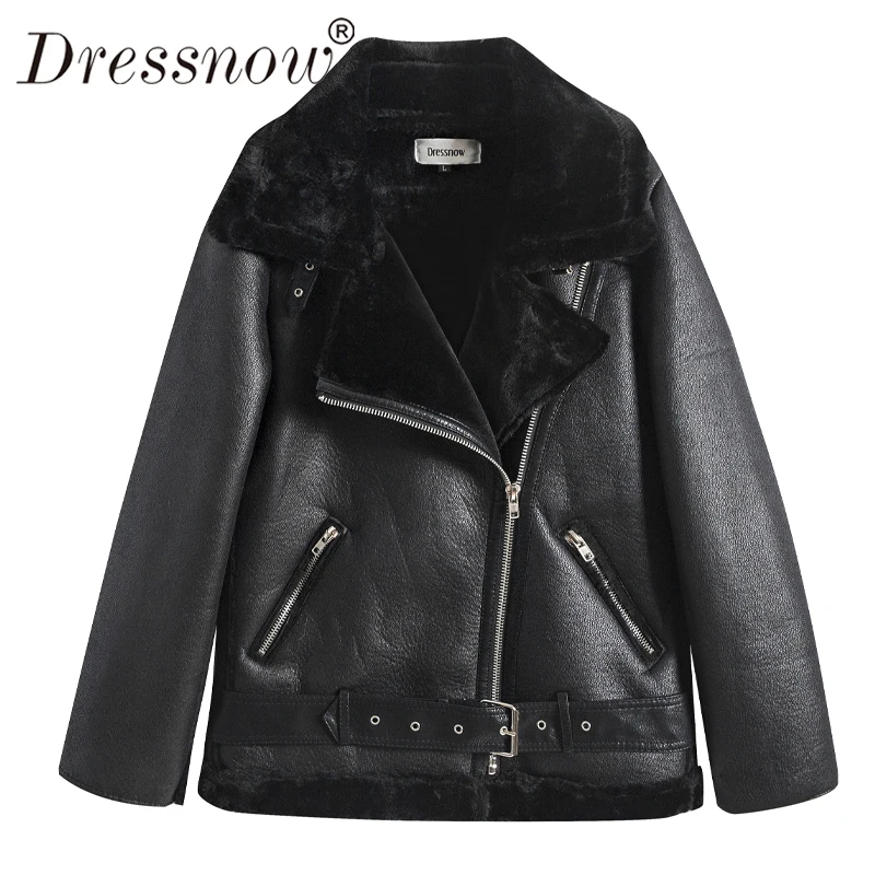 Dressnow Женское зимнее плотное пальто Дамская мода PU мотоциклетная кожаная женская черная Теплая Бархатная Свободная куртка