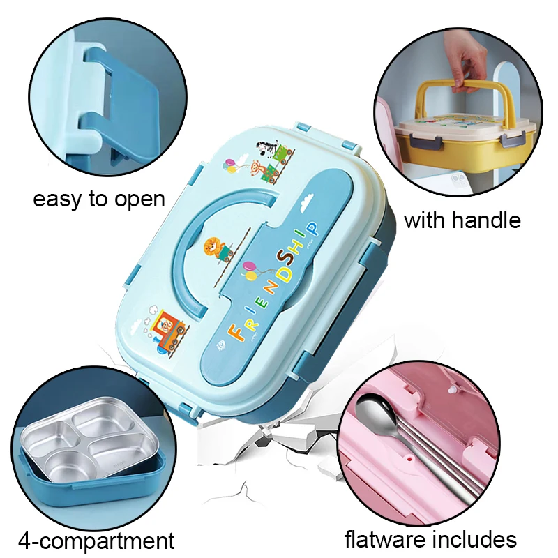 Cute Bento Lunch Box for Kids School Children Microwavable Stainless Steel Kindergarten Children's Bread Sandwich Food Box