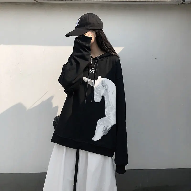 Осенняя Толстовка, Зимние Топы harajuku, Корейская женская одежда, модная, индивидуальная, с животным принтом, единорог, негабаритная Женская толстовка с капюшоном