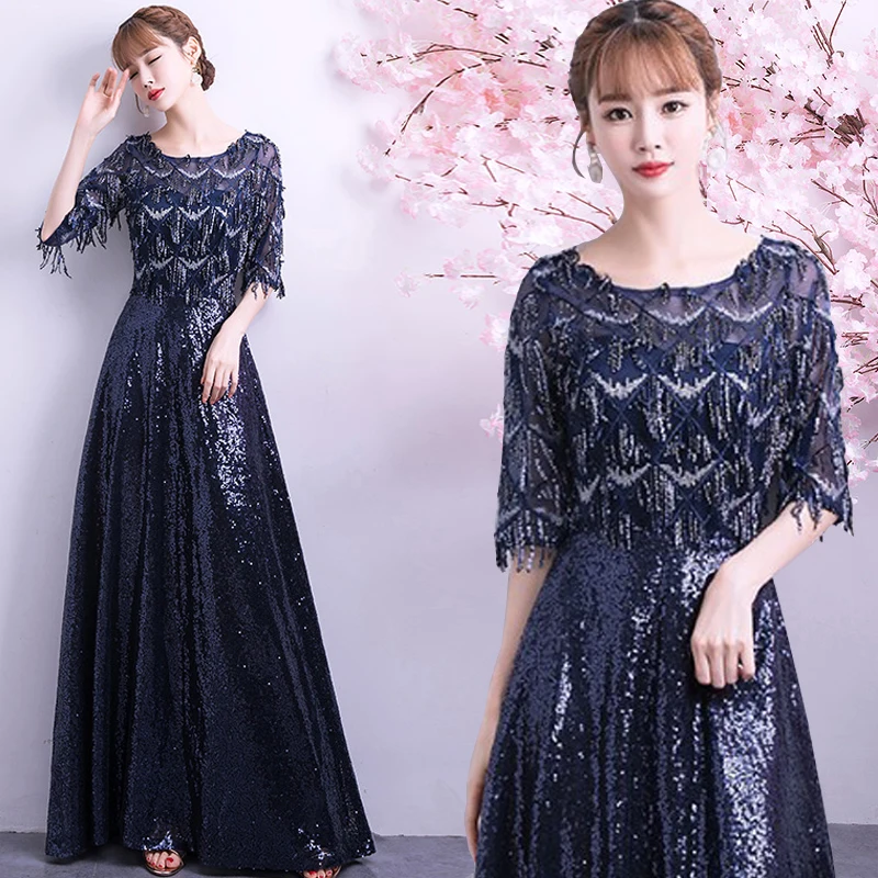 Тёмно-синий Vestido largo fiesta noche Элегантное Черное вечернее платье с коротким рукавом вечернее платье женское платье вечернее платье E26 - Цвет: Тёмно-синий
