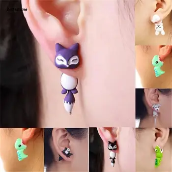 공룡 고양이 여우 귀걸이, 만화 부드러운 도자기 동물 귀걸이