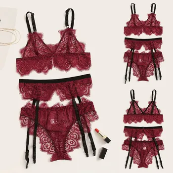 

3PC New Sexy Exquisite Lace Lingerie Seamless Wireless Bra+Garter+Briefs Set Babydoll Cut-Out Sleepwear Ladies Underwear Set