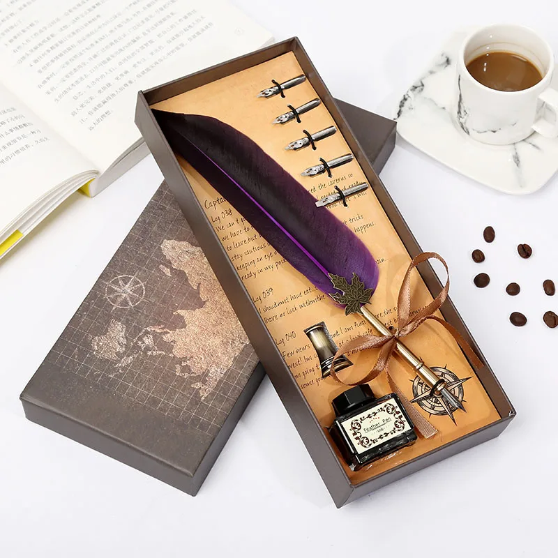 Европейский цвет короткие волосы лист полюс картона перо ручка подарок на день рождения коробка студенческие канцелярские ретро письма Металл Dip Ручка - Цвет: Purple