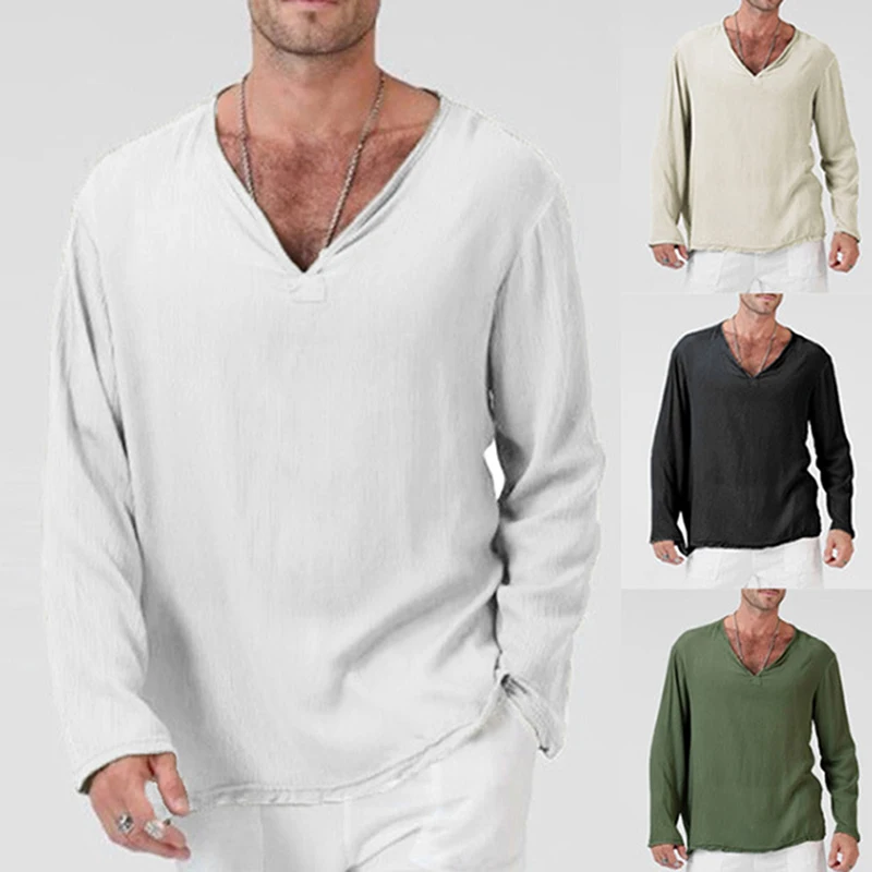 V Neck Mens T Shirts Full Sleeves Linen Cotton Long Sleeve T-Shirt Men Gothic Hippie Clothing Loose Male t shirt Autumn Spring | Мужская