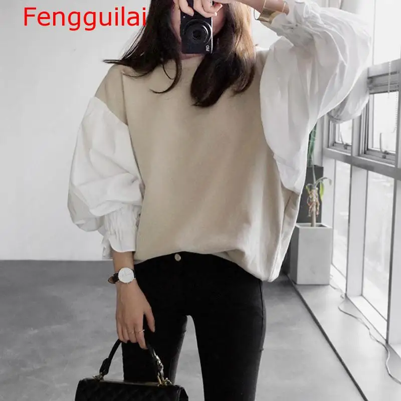 Long Sleeve Shirt Women Fashion Lantern Sleeve T Shirt Top Women O Neck Cotton Patchwork Fall Winter Casual T-Shirt