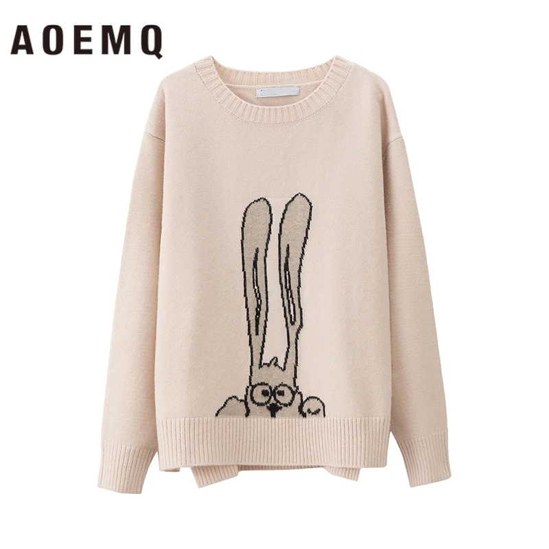 Skup AOEMQ moda swetry 4 kolory Cartoon królik wydruku słodkie długie ucho haft królika swetry swetry zimowe ubrania damskie