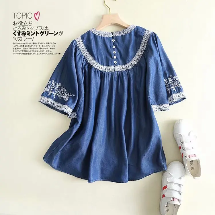 

WOMEN'S Dress Western Style Spring New Style Loose-Fit Machine Embroidery Crew Neck Tencel Short Sleeve Denim Shirt Women's S262