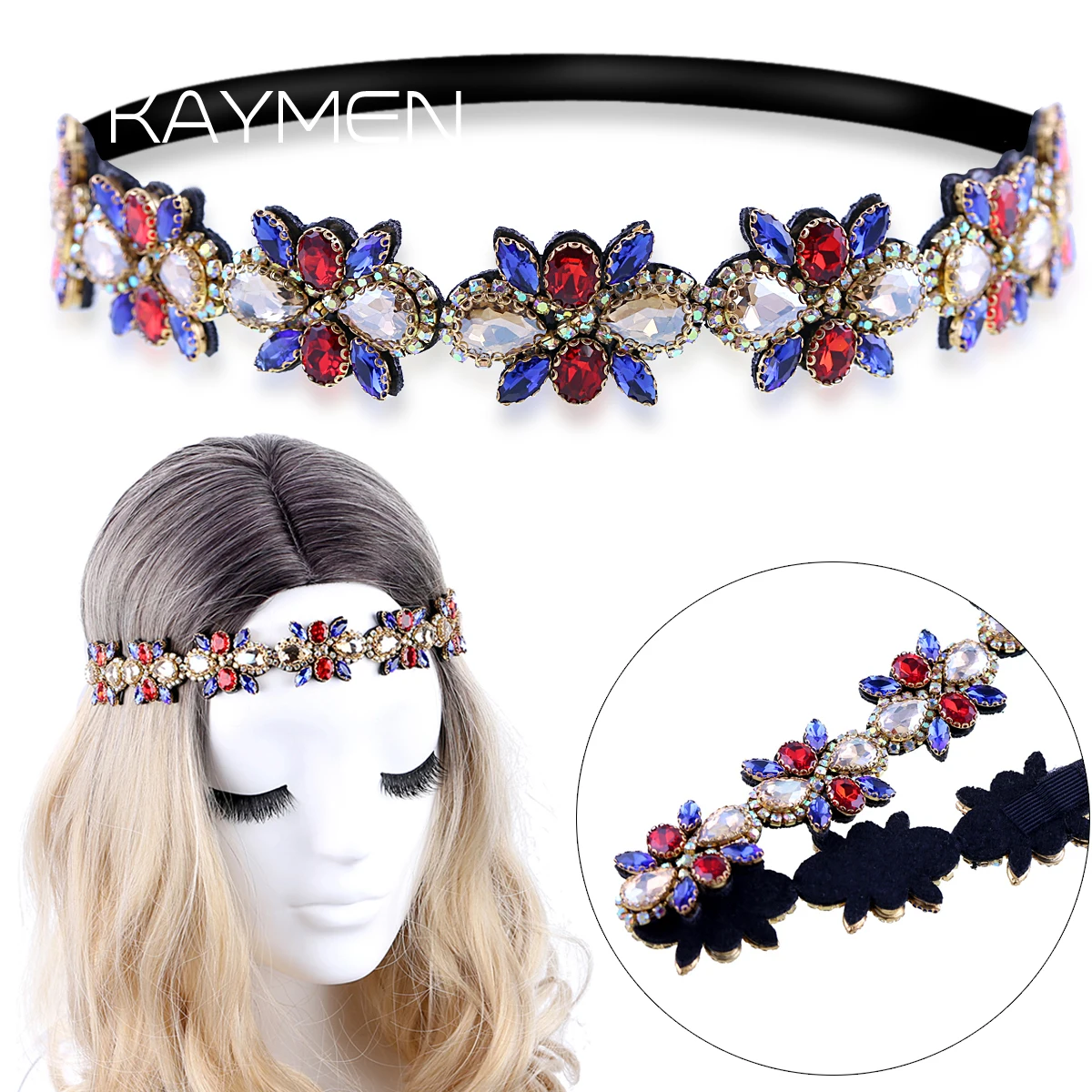 Kaymen Girls Crystals With Rhinestones Elastic Headbands Hair Bands For Women Handmade Hair