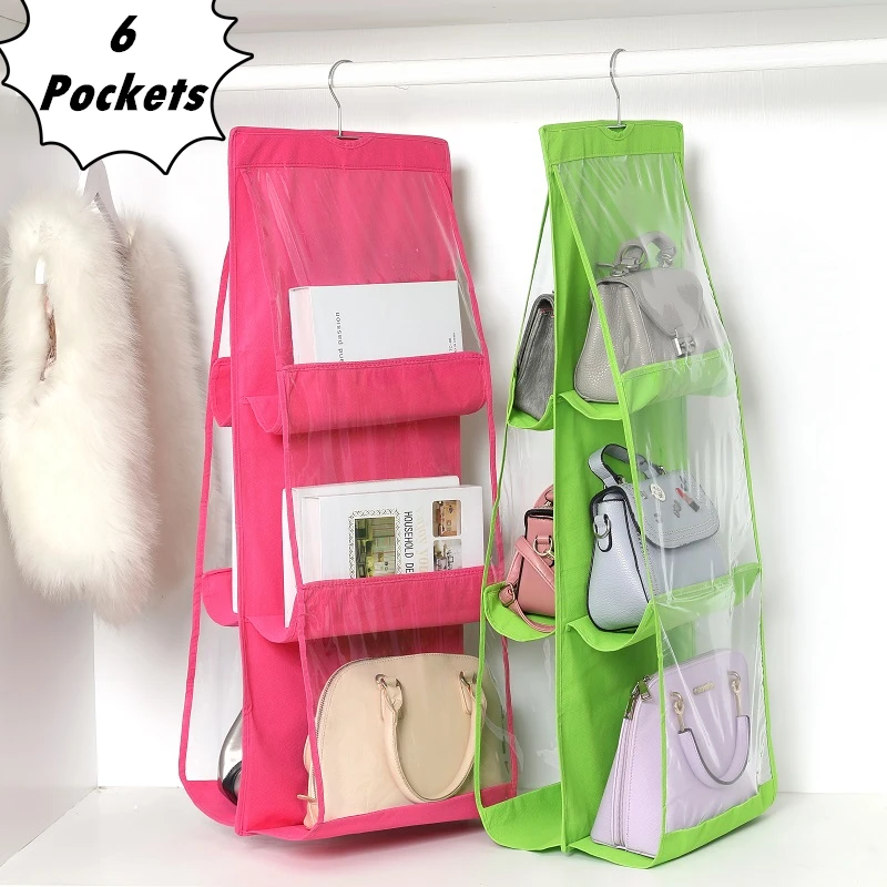 6 Pocket Clear Handbag Hanging Storage Bag 3 Layer Foldable Anti-dust Organizer Hanger Sanitary Pouch Wardrobe Closet Rack Bags | Дом и сад