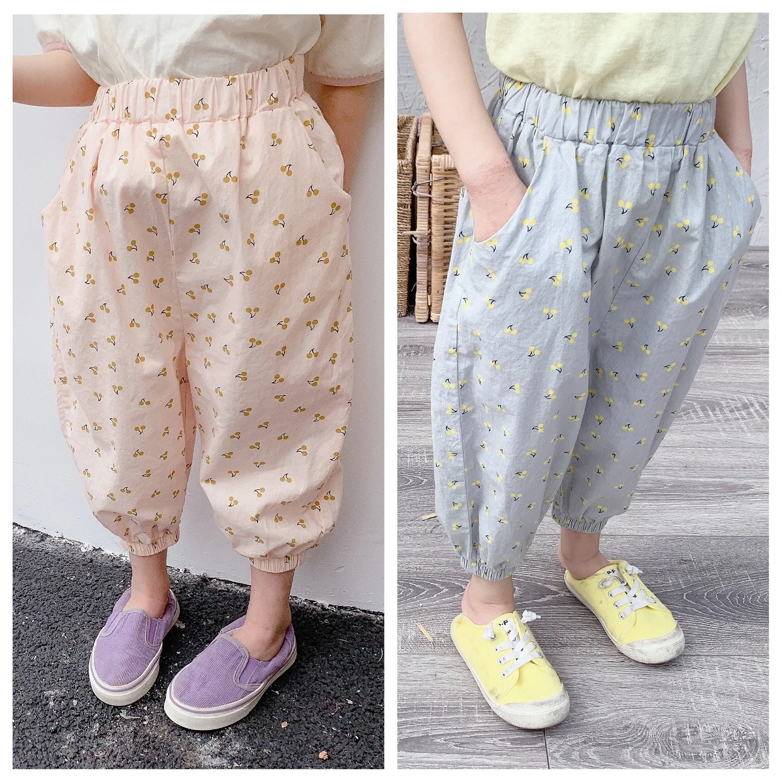 Летние повседневные штаны до щиколотки с принтом вишни для маленьких девочек