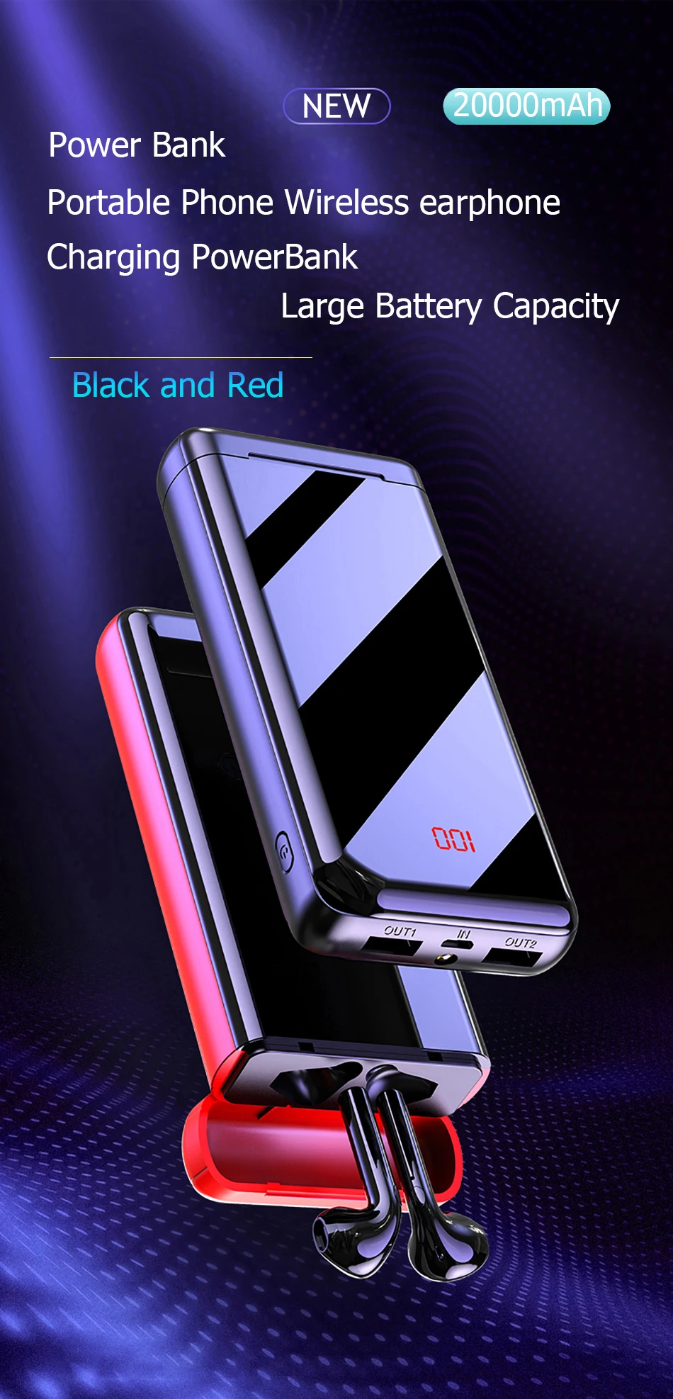 Power Bank 20000mAh Charging USB PoverBank External Battery Charger With Bluetooth earphone 5.0 For iPhone Xiaomi Huawei Samsung