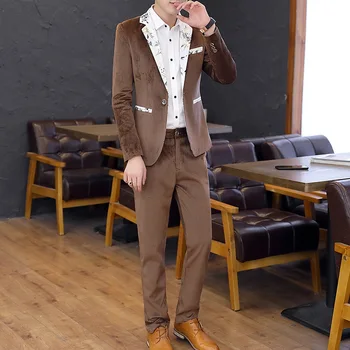

2020 Men Slim Fit Handsome Casual Colored Cloth Suit Collar Suit Teenager British Style Corduroy Harmonia Collar Suit Two Pieces