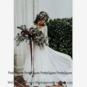 

Beach Bohemia Wedding Dress With Long Sleeves Sheer Lace Top and Chiffon Skirt Deep V Neck Bridal Dresses For Women