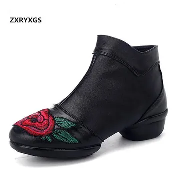 

New Autumn Embroidered Full Genuine Leather Boots Fashion Shoes Woman Dance Boots Soft Bottom Comfort Women Shoes Ankle Boots