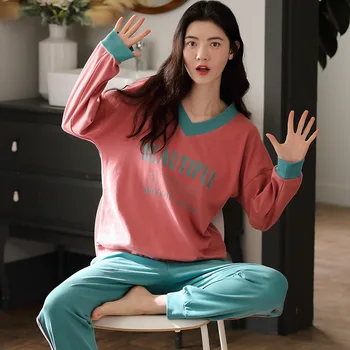 

2020 Autumn Long-sleeved Korean Style Cute Fresh Girl Pure Cotton Pijamas Women Cartoon Animal Print Pajamas for Teen Girls
