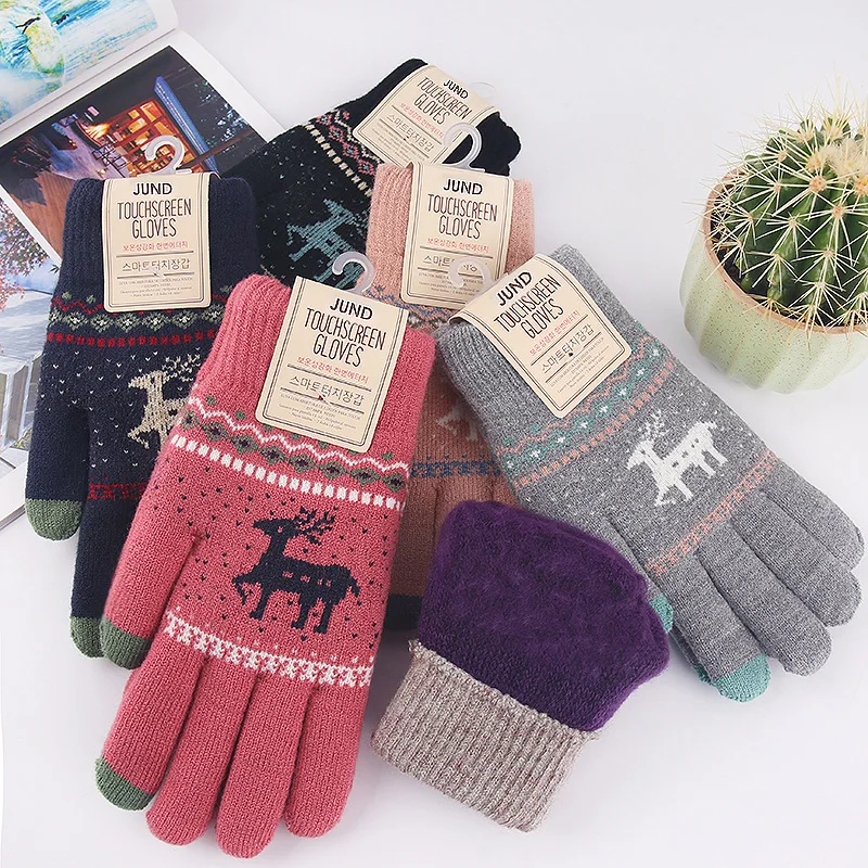 

New knitted touch screen gloves for women winter Korean version plus velvet thickened cold deer wool warm