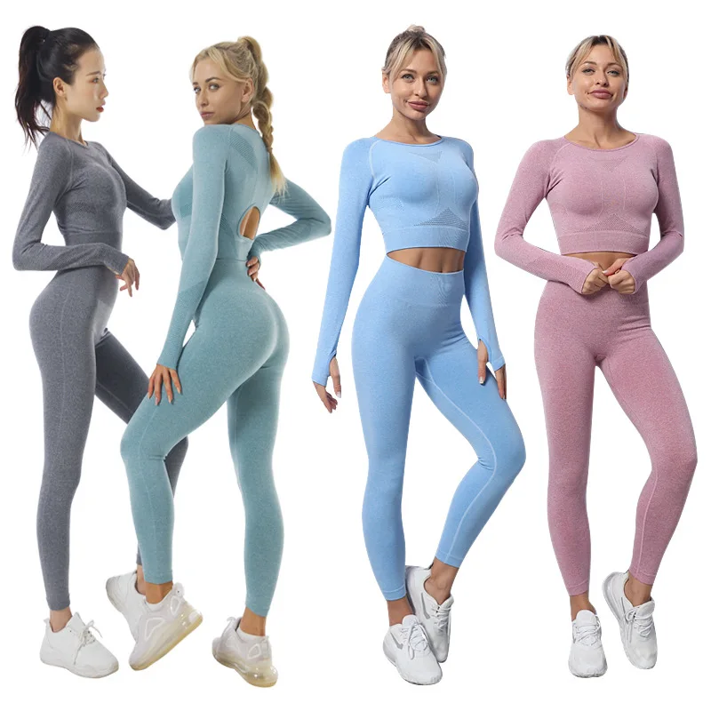 2PC Seamless Comfortable Yoga Suits Soft Gym Suits Long-sleeved Gym Long-sleeved Tops High-waisted Leggings Vintage Gym Suits 1