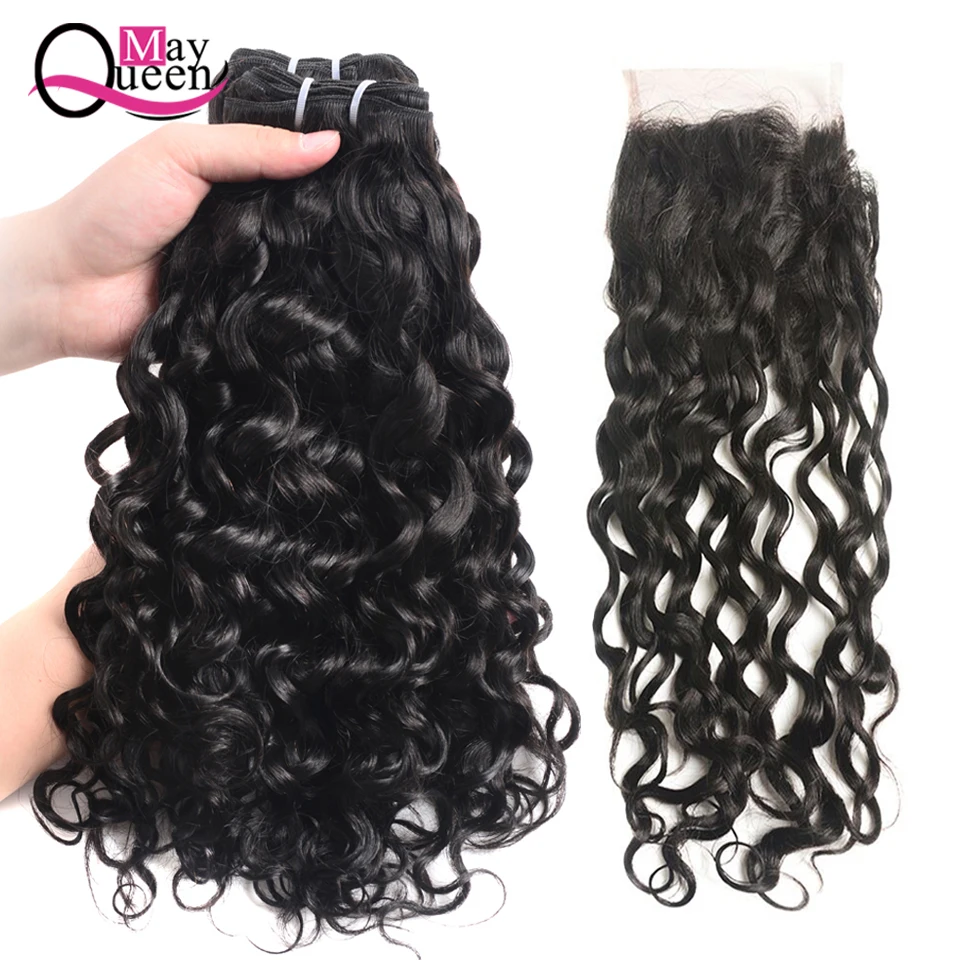 Может queen волнистые пряди с Закрытие 4x4 Remy человеческие волосы пряди с закрытием бразильские вплетаемые волосы пряди с закрытием