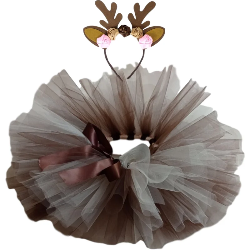 Fluffy Brown Deer Girl Tutu Skirt Birthday Costume Kids Reindeer Tulle Skirt for Halloween Carnival Children Outfit 1-14 Years