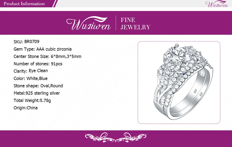 Wuziwen 3,5 Ct овальной формы AAA циркон кольца из стерлингового серебра 925 для женщин синий кристалл обручальное кольцо набор модный подарок для ювелирных изделий