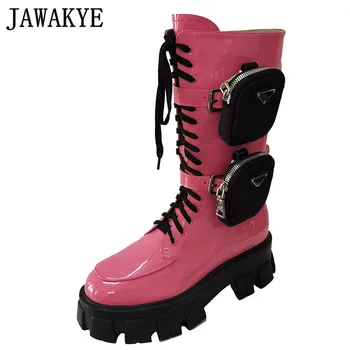 

JAWAKYE Hot Pink Knight Boots Women's Thick Sole Platform Zipper pocket Long Boots Black Winter Motorcycle boots Shoes Woman