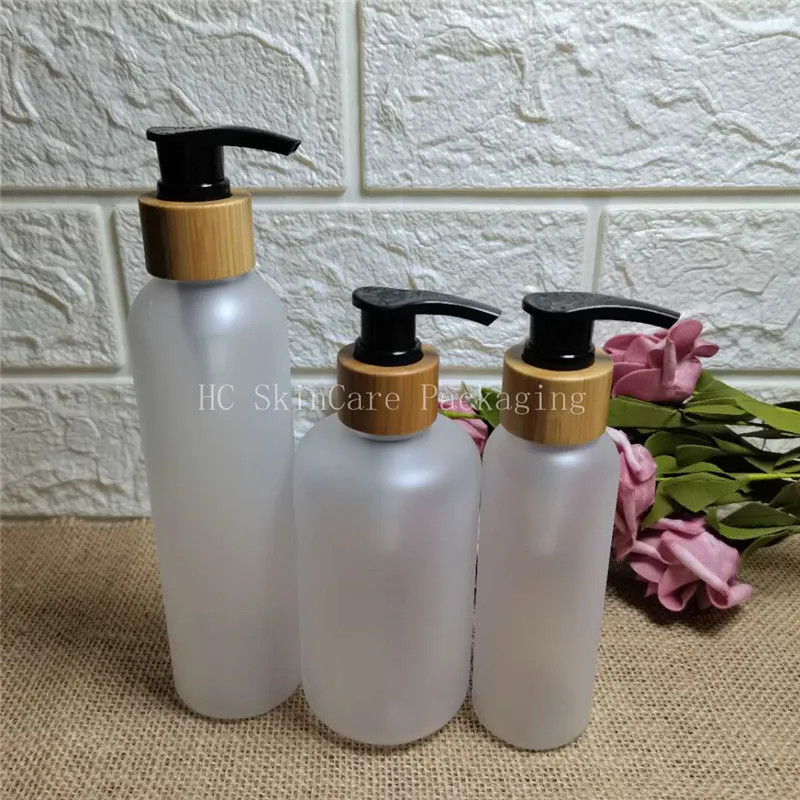 shampoo bottles wholesale 100pcs/lot 250ml transparent frosted plastic  bottle with bamboo lid empty cosmetic containers bulk шампунь для ежедн применения с живым коллагеном basic shampoo with alive collagen hyperfill pro