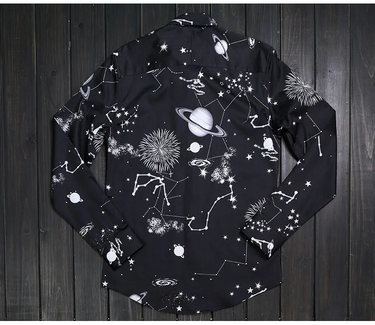 Черная рубашка с принтом Галактики, мужская рубашка Camisa Masculina, роскошные Брендовые мужские рубашки с длинными рукавами, уличная Мужская рубашка в стиле кэжуал