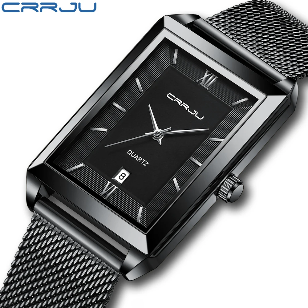 CRRJU Luxury Gold Watch Men Square Japan Quartz Slim Steel Mesh