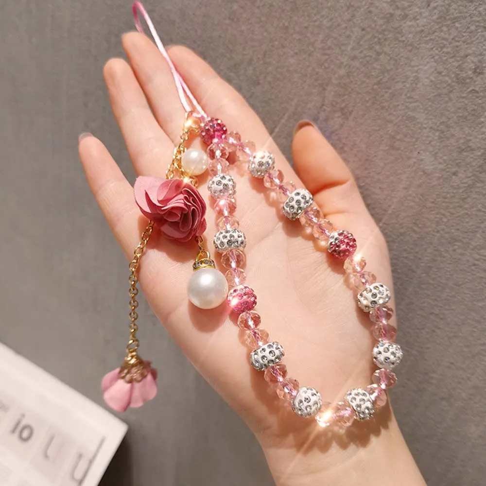Trendy Beads Chain Mobile Phone Lanyard Short Cord for Key USB Crystal Bracelet Case Flower Pendant Anti-lost Wrist Straps | Мобильные