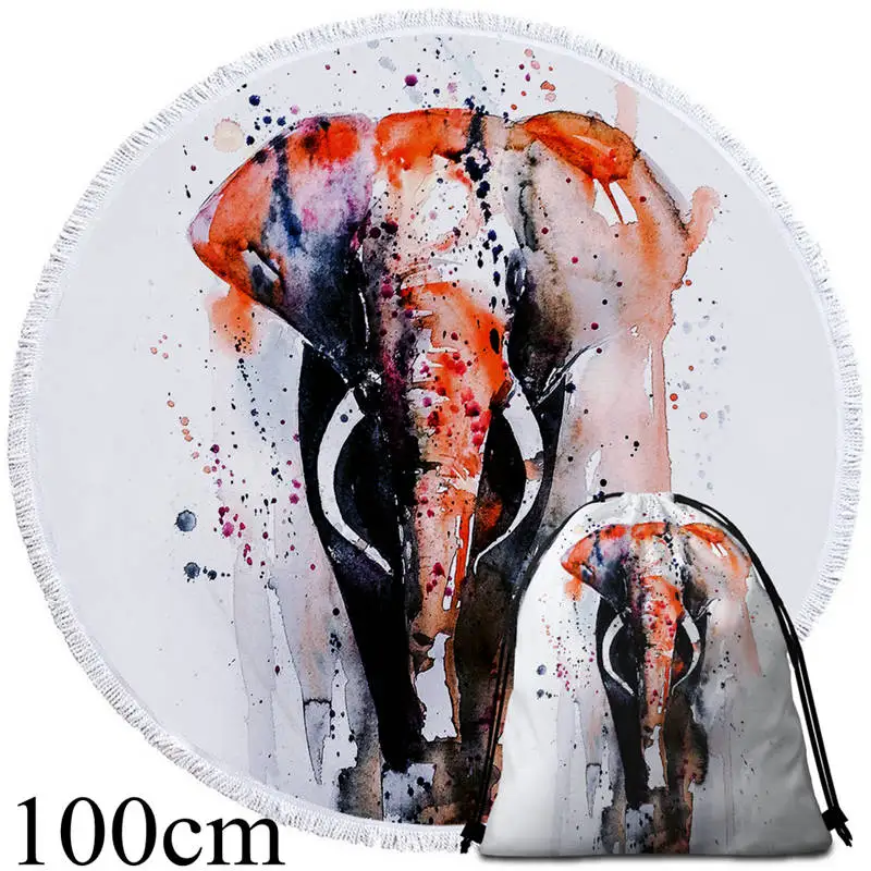 Towel 100cm-Bag BeddingOutlet слон пляжное полотенце с кулиской рюкзак сумка Акварель Искусство Круглый Полотенце гобелен с животными белый Toalla Прямая поставка - Цвет: Towel 100cm-Bag