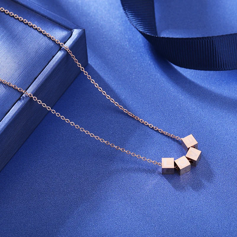 JeeMango Office Style Titanium Stainless Steel Square Pendant Necklaces Rose Gold Love Letter Choker Necklace For Women RN02360