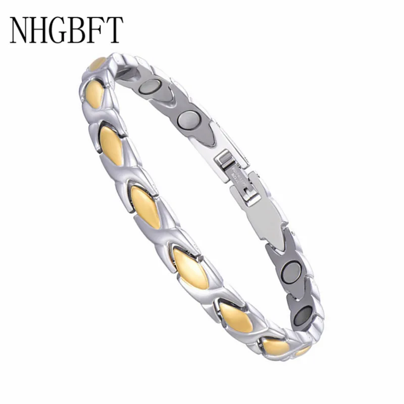 

NHGBFT Silver Gold Color Stainless Steel Magnet Bracelets Bangle for Women Mens Health Care Germanium Bracelets Male Jewelry