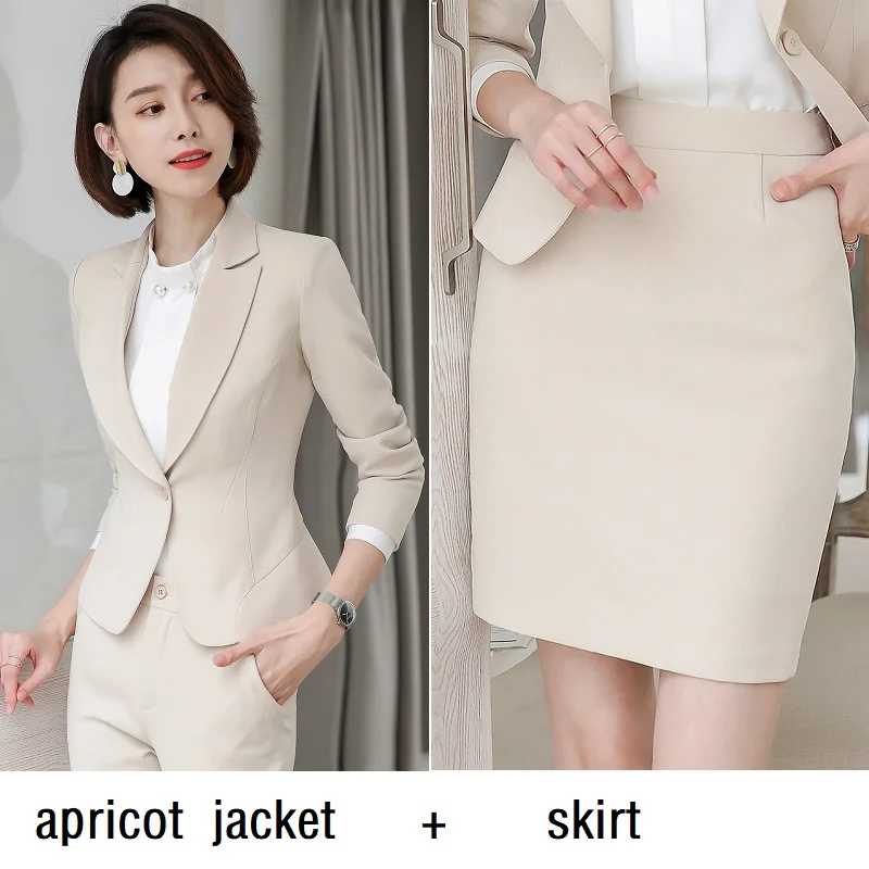 apricot jacket skirt Женские костюмы, приталенный весенний пиджак с длинным рукавом и штаны, комплект из 2 предметов, деловой женский брючный костюм, женский комплект, костюмы 6968 - Цвет: apricot jacket skirt