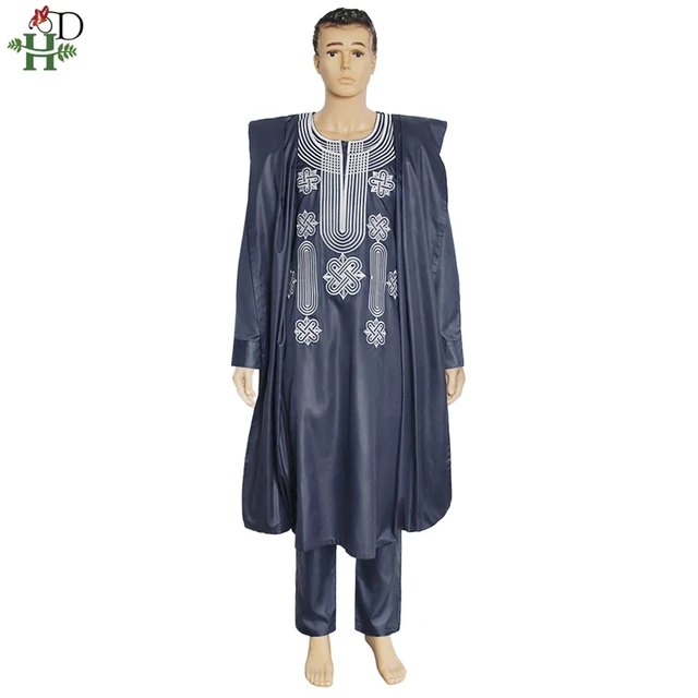 H&D African Suit For Men Robe Shirt Pants Set Long Sleeve Tops Embroidery Agbada Clothes Boubou Africain Homme Traditional Robes Navy Blue