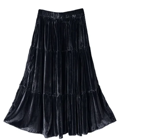 2022 Korean new gold velvet skirt women temperament pleated mid-length students skirts high waist thin A-line skirt female temperament skinny solid notched pleated button elegant blazers graceful intellectual women s clothing 2022 thin autumn winter