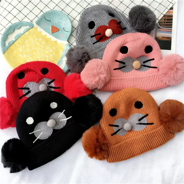 Детские шапочки Skullies Beanies для мальчиков и девочек, зимняя однотонная шапка с мультяшными ушками, теплые модные Эластичные аксессуары с помпоном