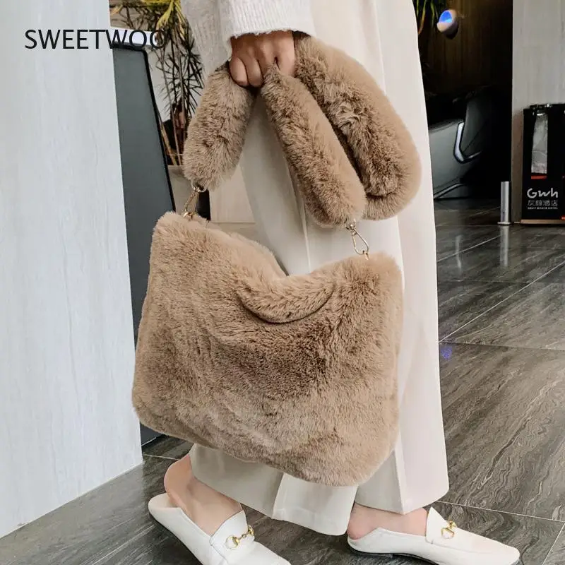 

Winter Handbag Designer Women's Plush Shoulder Bags Soft Fur Hobo Handbag Women Large Capacity Purse Lady Sac