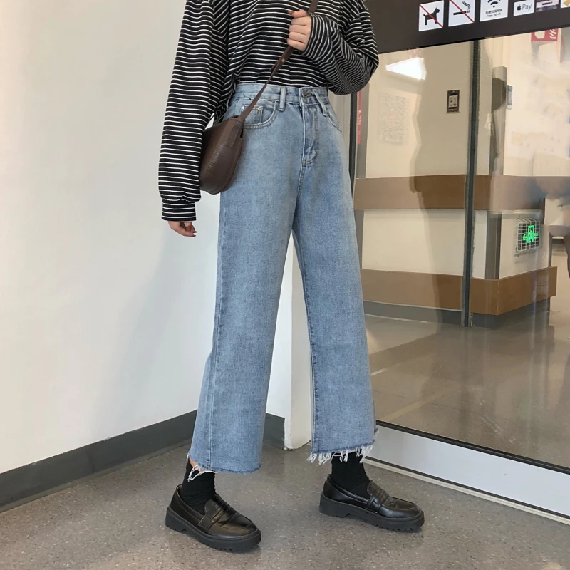 Женские джинсы с высокой талией в Корейском стиле Харадзюку уличная одежда Длинные прямые брюки Универсальные женские джинсовые повседневные Элегантные Студенческие