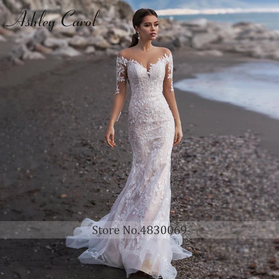 Ashley Carol Mermaid Wedding Dress Romantic Backless Appliques Long Sleeve Sweetheart Beach Bridal Gown Vestidos De Novia 3