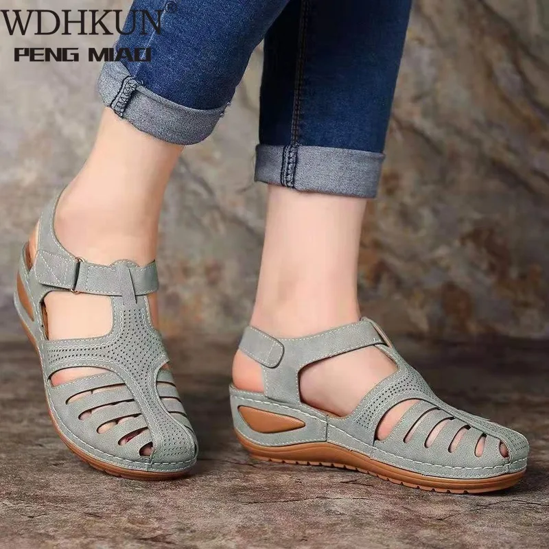 

Woman Summer Leather Vintage Sandals Buckle Casual Sewing Women Shoes Female Ladies Platform Retro Sandalias Plus 35-43