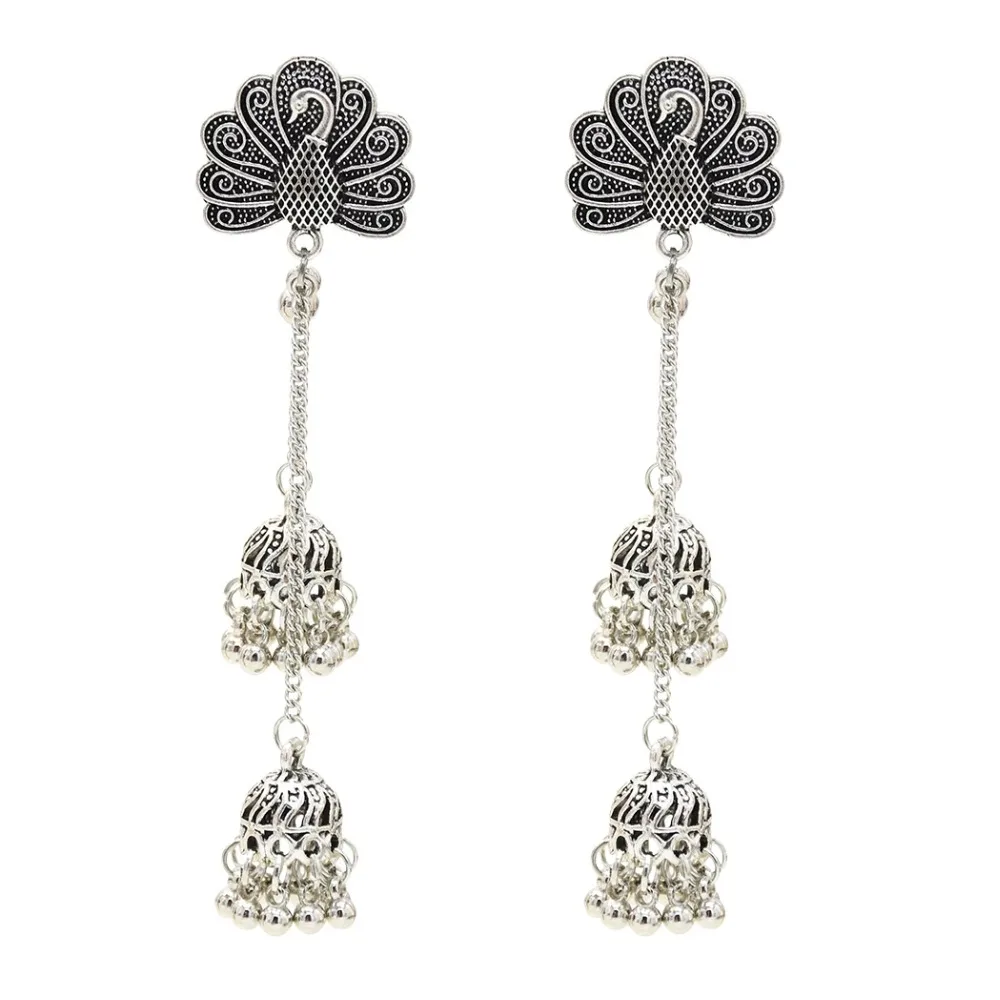 Афган Серебряный Павлин колокольчики длинная ниспадающая кисточка Jhumka серьги в индийском стиле Бохо окисленные ювелирные изделия Свадебная вечеринка Племенной этнический ювелирные изделия