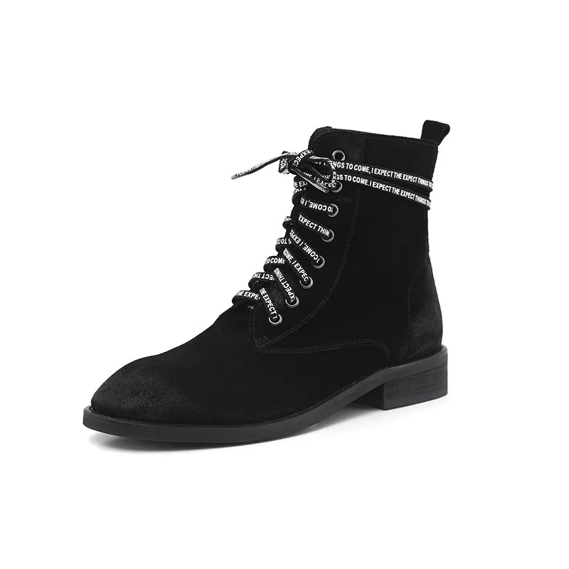 Black suede Donna-in/женские ботинки; Замшевые женские ботинки из натуральной кожи на шнуровке; женские Ботинки на каблуке в винтажном стиле; коллекция года; сезон осень; цвет черный, коричневый; botas feminina - Цвет: Black suede