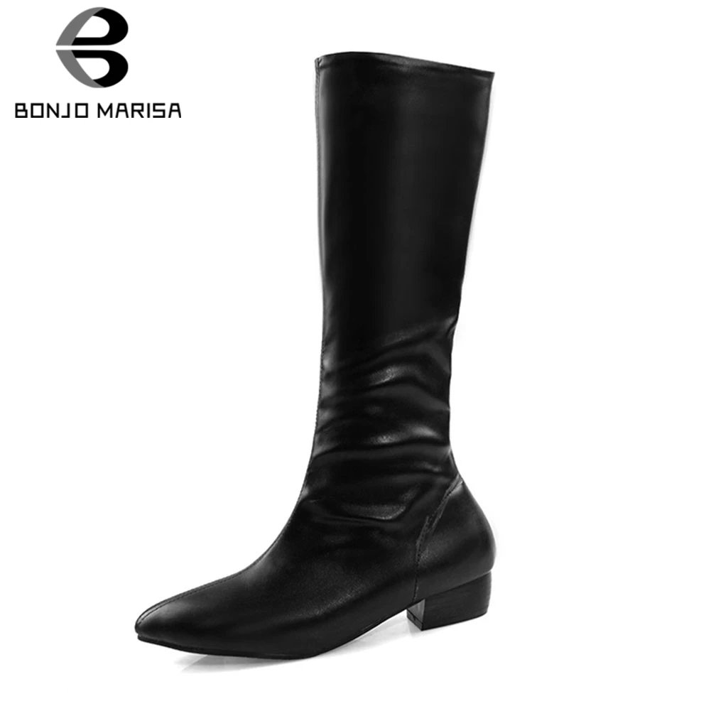 

BONJOMARISA New Plus Size 34-48 Autumn Winter Fashion Ladies Chunky Heels Shoes Woman Casual Party Platform Mid Calf Boots Women