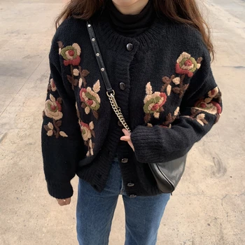 

Womens Flower Embroidery Knit Sweaters Jackets Fall Fashion Korean Casual Loose O-neck Cardigan Sweater Females Outwear 2020