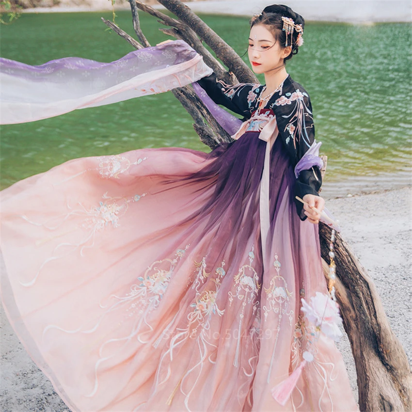 Традиционный китайский национальный костюм для женщин Hanfu платье Винтаж Древний Emboridery 3 6 метров маятник блузка народный Тан Вечерние