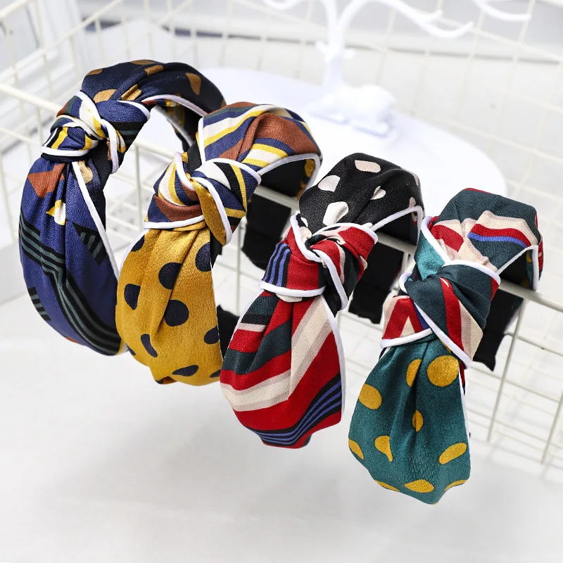 

New Fashion Headband Women Bohemia Hairband Soft Point Striped Patchwork Hair Band Center Knot Turban Adult Hair Accessories