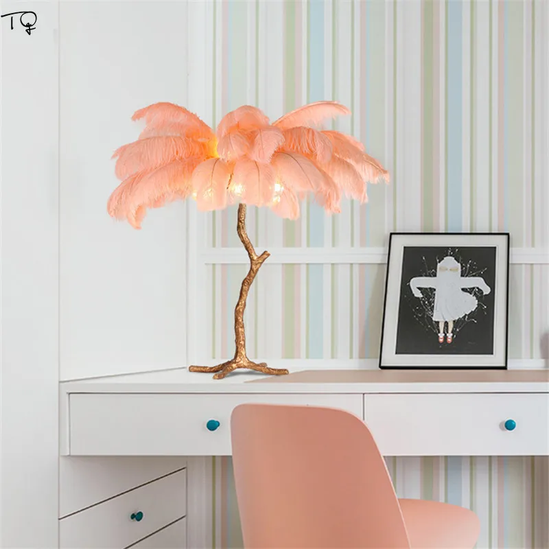 

Nordic Ostrich Feather Table Lamp Desk Copper Modern Interior Lighting Living Room Bedroom Decor Home Ostrich Feather Luminaria