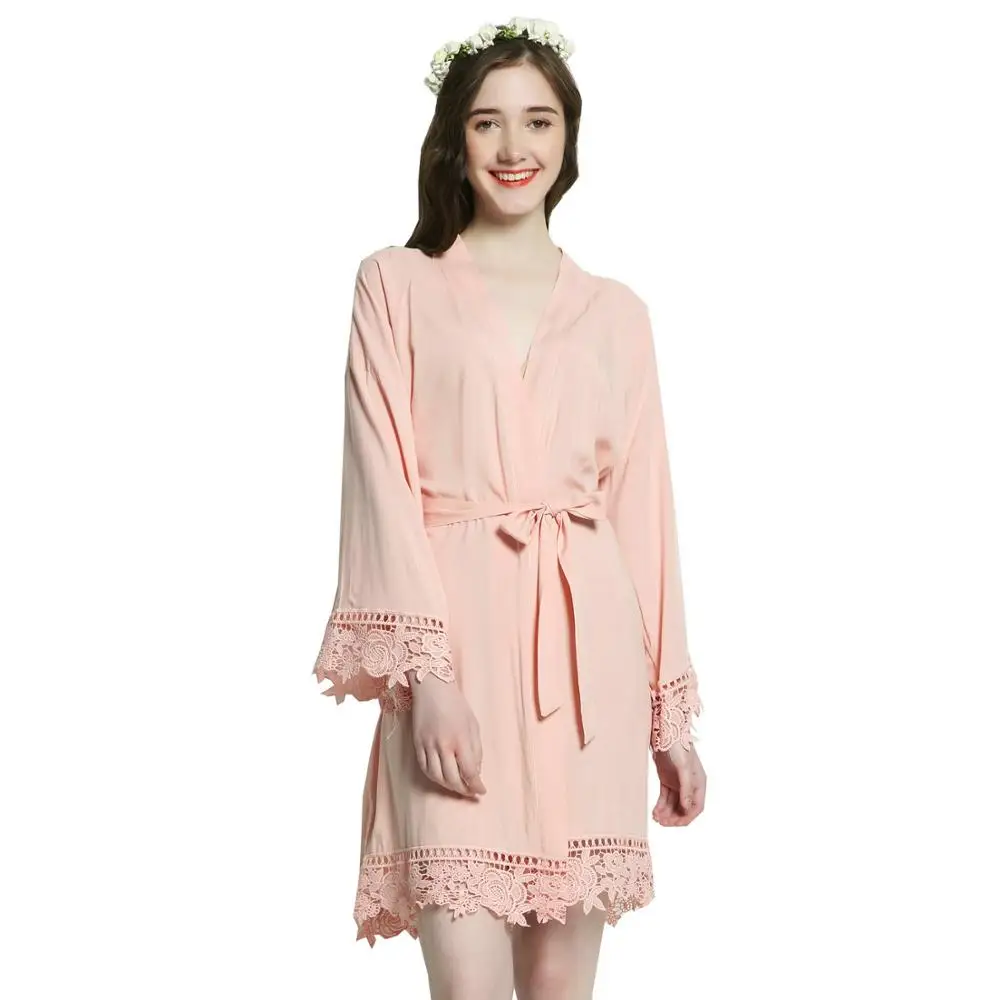 blush with print Текст на заказ подружки невесты хлопковое кимоно халаты для невесты W/кружевной отделкой женский свадебный наряд короткий пояс халат пижамы - Цвет: blush with print
